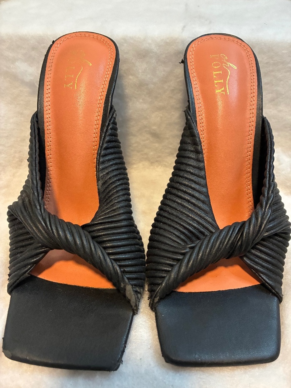 Black slip-on mules heels pleated, twisted strap design &  square toe Size 6